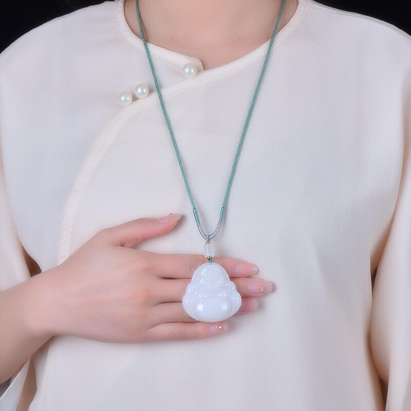 新疆金丝玉白玉弥勒佛吊坠男女款颈饰玉坠玉佩挂件带证书