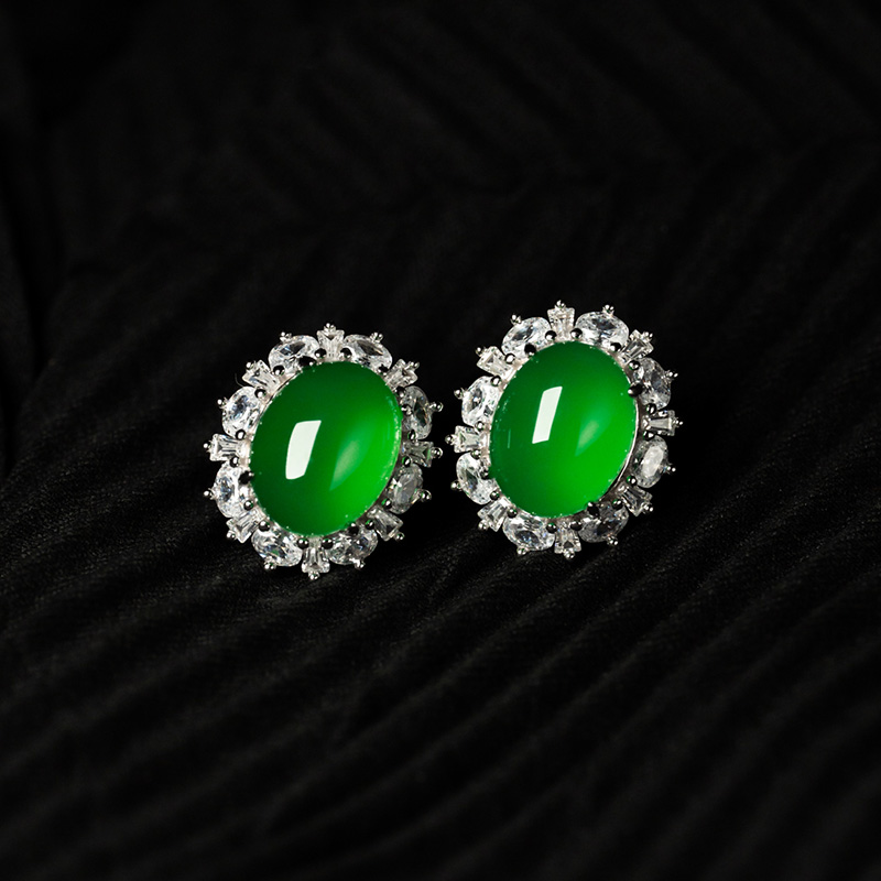 帝王绿玉髓玉石蛋面耳钉耳环
