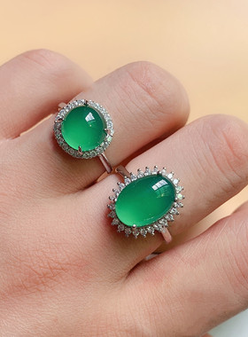 天然绿玛瑙戒指男女白铜镶