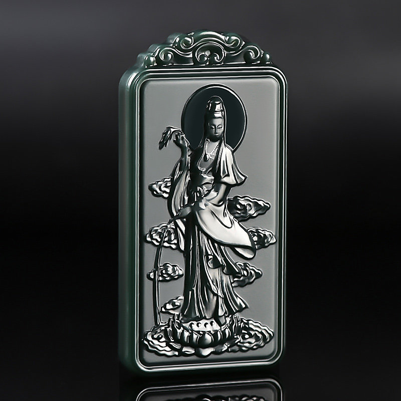 和田青玉塔青一细料柳枝站观音吊坠男款双面玉牌连年有余挂件玉坠