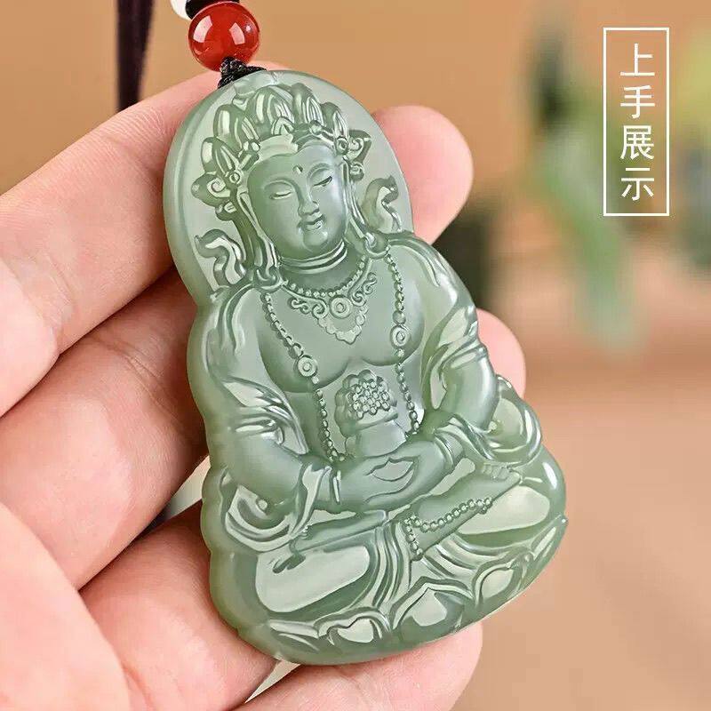 和田青玉观音吊坠玉坠男士玉牌度母观音菩萨玉佩玉石圆珠项链挂件