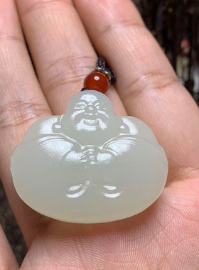保真新疆白玉抱抱佛吊坠