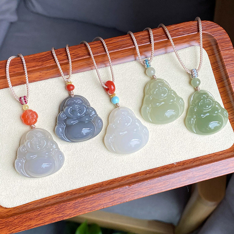弥勒佛和田玉吊坠女大肚笑玉佛公项链绳结天然晴水白玉石坠子证书