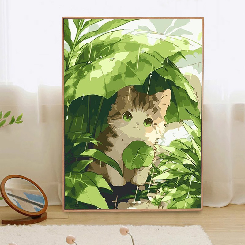 雨中猫咪数字油画diy填充涂色手工可爱丙烯油彩画手绘装饰挂画图片