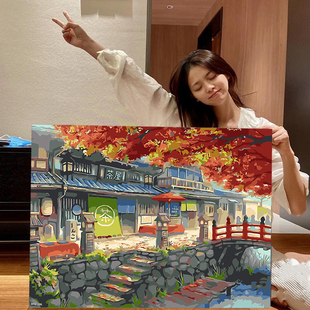 油彩画客厅动漫人物花卉 茶屋diy风景数字油画手绘手工填色数码