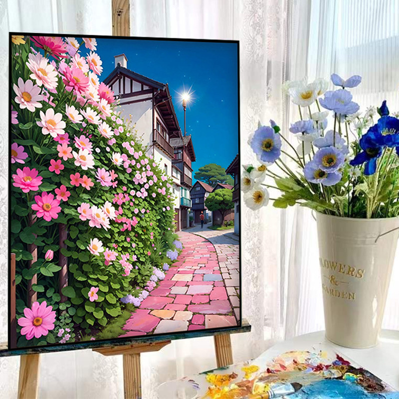 花卉数字油画diy手绘丙烯画填充涂色风景解压手工装饰油彩画_虎窝淘