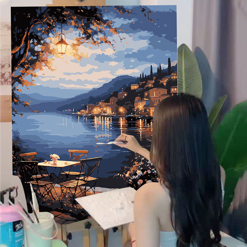 夜色湖畔数字油画手工diy填充涂色丙烯装饰画挂画客厅卧室床头画图片