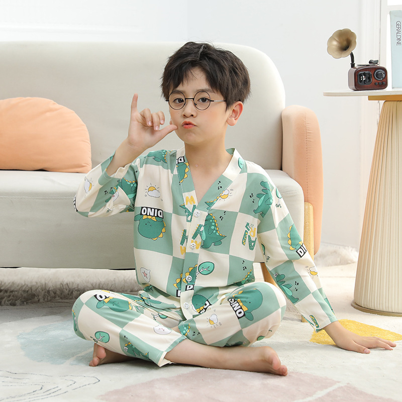 芬腾儿童绵绸睡衣薄款夏季长袖中大男童孩棉绸空调家居服睡衣套装