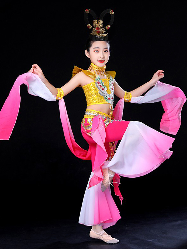 敦煌飞天儿童演出服女六一少儿舞蹈服古典民族服装反弹琵琶表演服