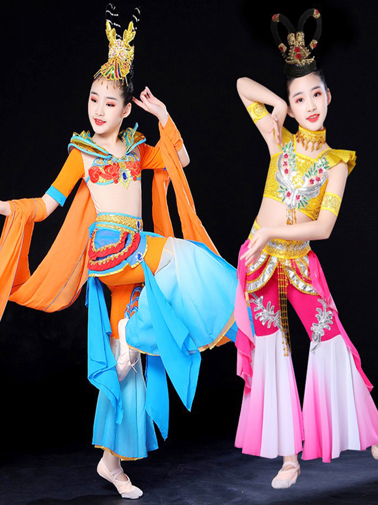 敦煌舞蹈服古典民族服装女雪纺妙音反弹琵琶表演服儿童飞天演出服