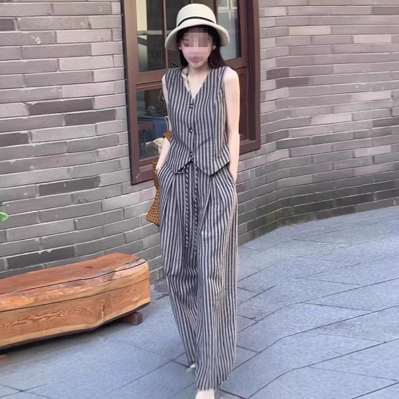 2025夏季洋气时尚亚麻套装女新款小众竖条纹马甲背心阔腿裤两件套