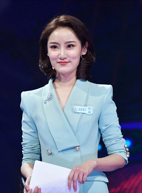 年会主持人礼服女播音艺考正装蓝色美业西装套装上镜比赛职业服装