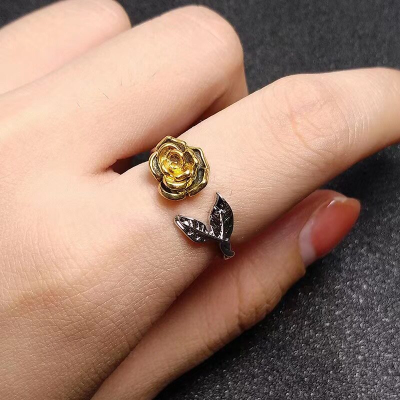 韩系复古玫瑰花戒指女ins简约小众设计感食指戒开口可调节指环