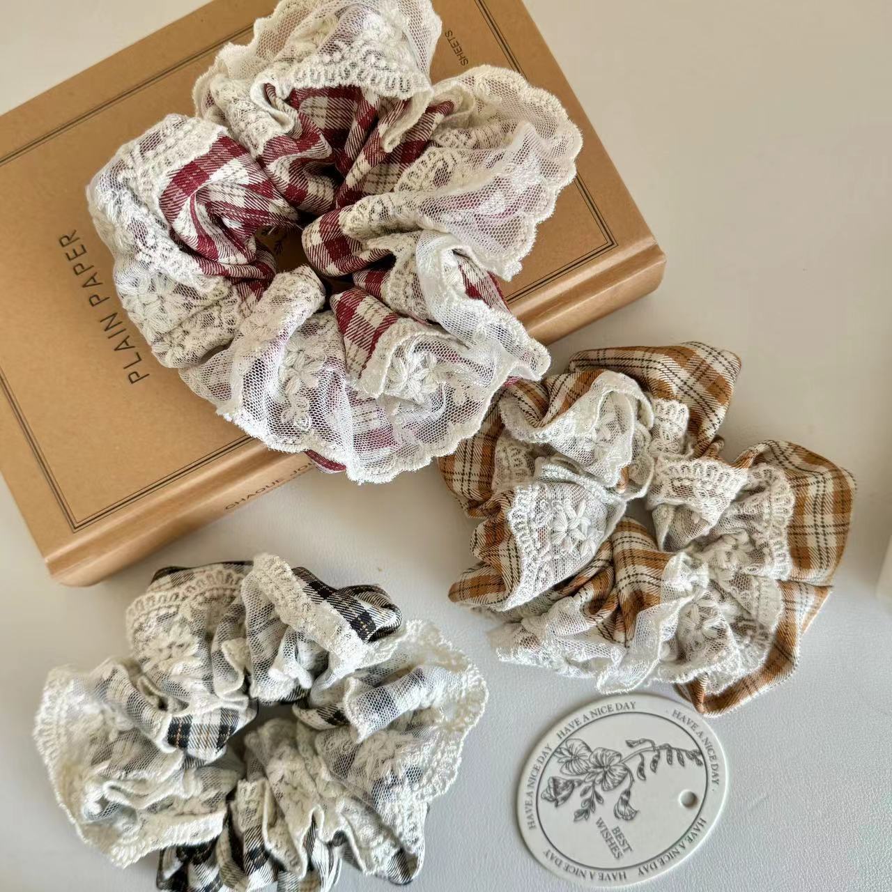 榛果复古格纹发圈蕾丝花边发绳大肠圈法式仙女韩系扎马尾皮筋发饰