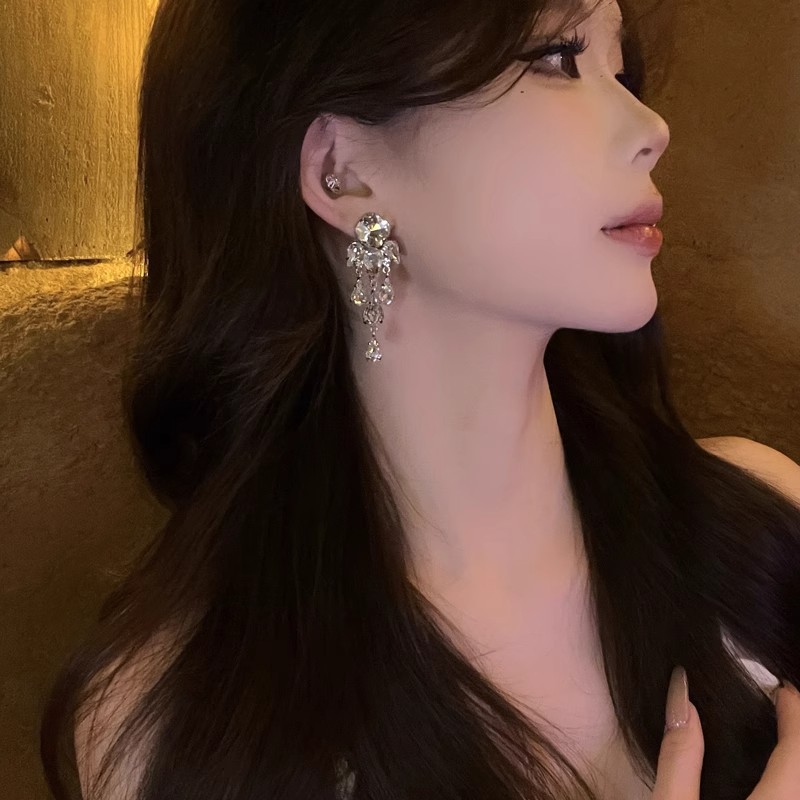 欧美新款夸张流苏耳环女s925银针潮流时尚水滴宴会闪钻耳钉耳饰批