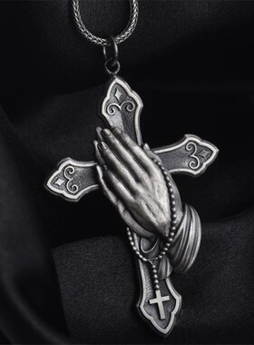 祈祷之手欧美钛钢hiphop双佛手圆掉坠蹦迪项链嘻哈网红复古潮人男