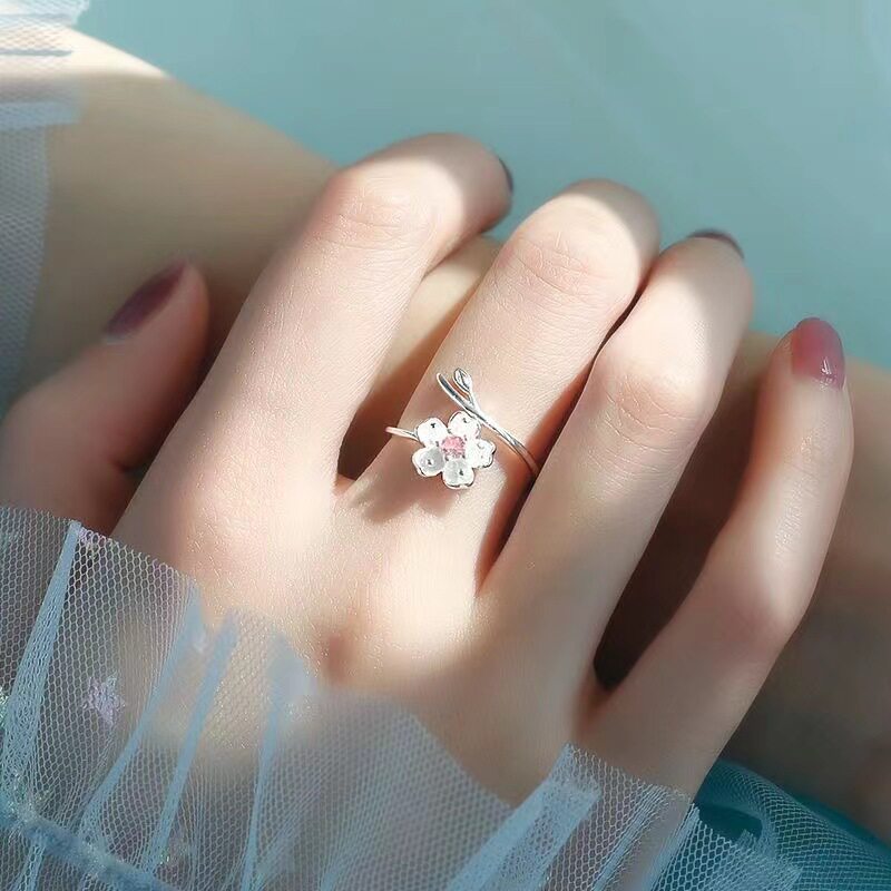 粉钻锆石樱花戒指女小众设计甜美独特法式高级设计食指饰品森系