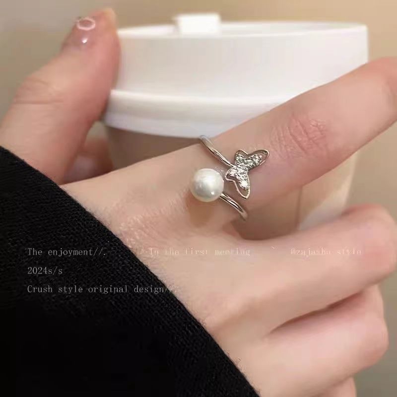 蝴蝶珍珠锆石开口戒指女小众设计闺蜜食指戒轻奢高级感可调节指环