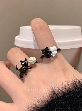 卡通搞怪黑色猫咪戒指女小众设计开口指环童趣可爱简约套装食指戒