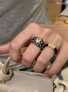 vintager中古宽面黑色椭圆闪钻戒指女精致食指戒轻奢指环高级感新