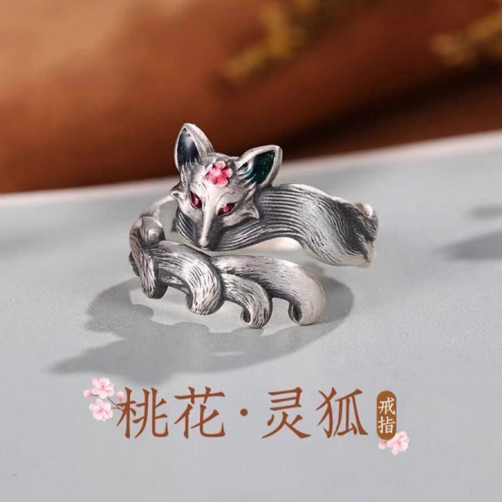 复古桃花灵狐九尾狐小众精致珐琅高级开口戒指指环