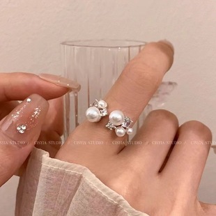 繁星锆石珍珠戒指女轻奢高级感尾戒素圈戒指女小众设计开口食指环