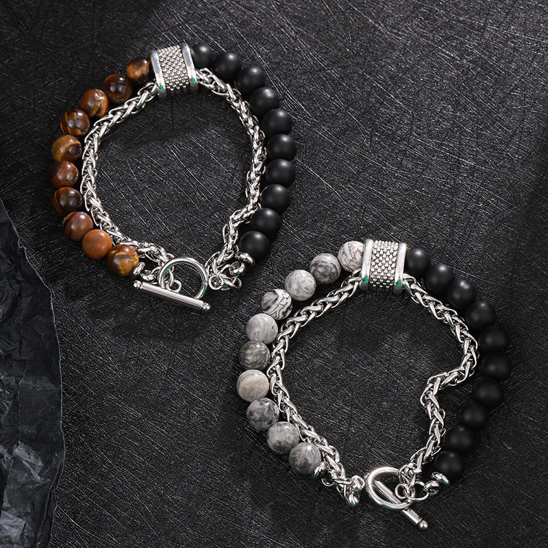 欧美复古钛钢手链男潮人个性嘻哈双层虎眼石黑玛瑙男士编织手环女