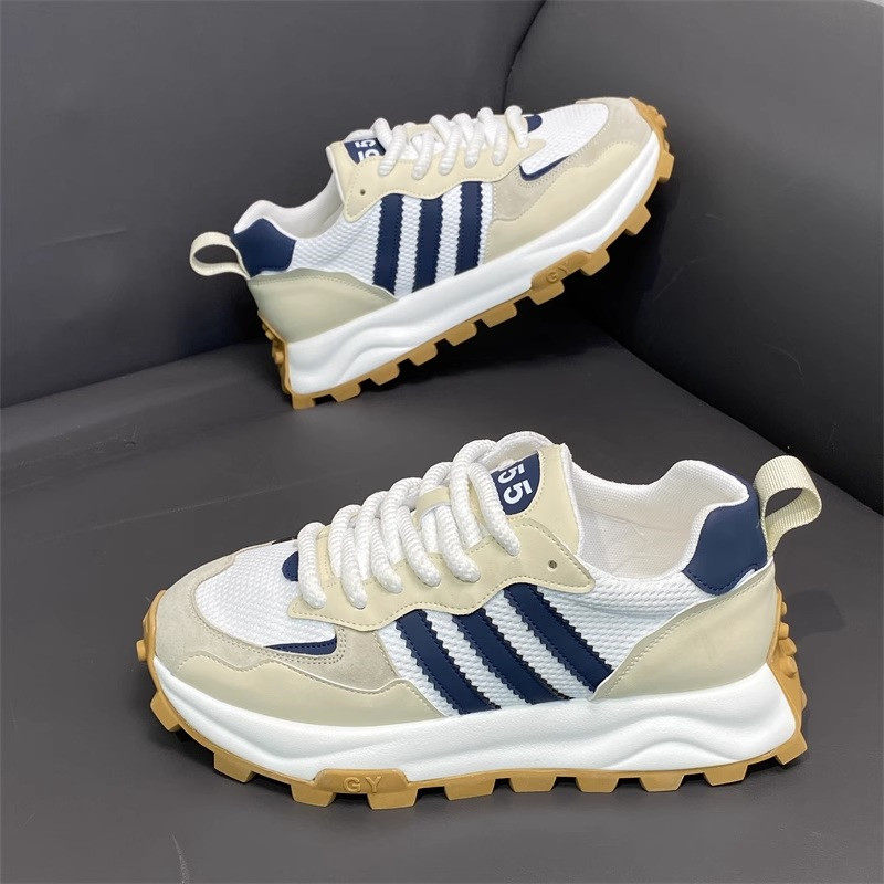 三道杠阿甘鞋男士夏季款透气网面老爹鞋男款厚底增高休闲运动男鞋