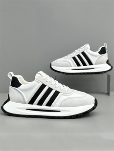 欧洲站男鞋秋冬季三条杠阿甘老爹鞋真皮时尚厚底增高休闲运动潮鞋