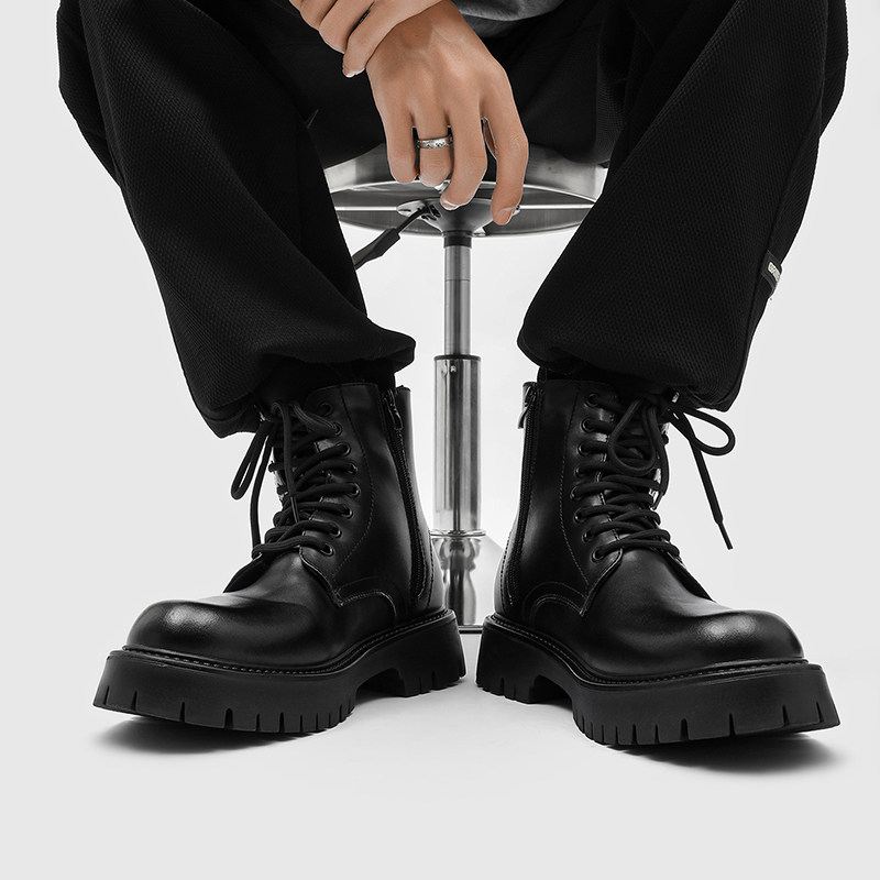 马丁靴男款秋冬季厚底增高侧拉链高帮机车短靴英伦风中帮工装短靴