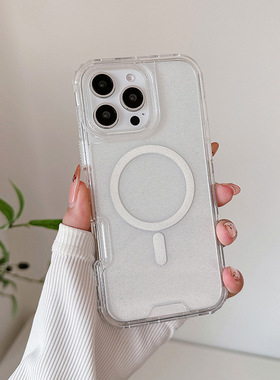 透明手机壳适用苹果IP16promax三合一TPU闪粉磁吸后盖式高透硬壳