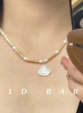 Old babe原创人鱼公主天然贝壳珍珠素项链女扇形复古串珠锁骨颈链