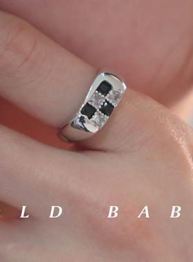 Old babe黑白棋盘格微镶锆石食指戒指小众设计ins女高级几何宝石