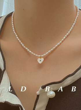 Old babe天然小粒珍珠爱心钻项链锁骨颈链复古小众法式气质choker