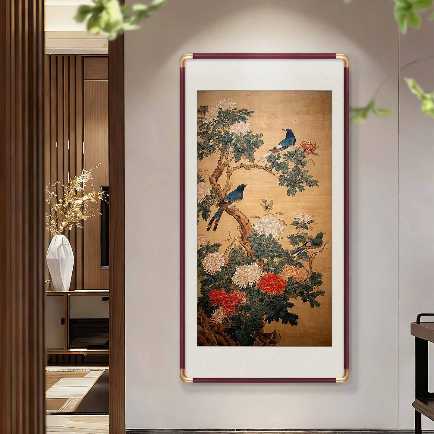 中式花鸟入户玄关装饰画客厅走廊过道背景墙壁画竖版挂画梅花国画