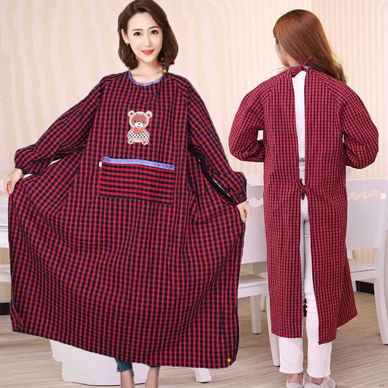 老粗布纯棉加长加大加肥长袖围裙大兜棉布成人罩衣女外穿加长版