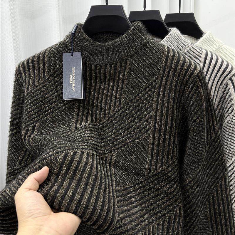 一体绒半高领雪尼尔毛衣男士加绒加厚保暖上衣冬装保暖针织打底衫