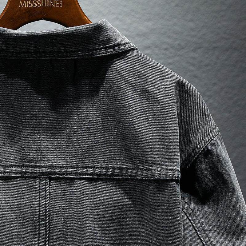 高级感黑灰色牛仔外套男春秋季宽松休闲加绒美式工装翻领夹克上衣