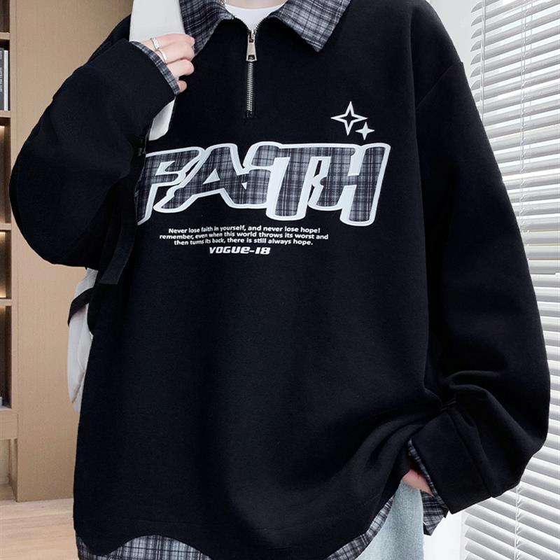 半开襟撞色卫衣男春秋季美式结构分割宽松上衣帅气休闲假两件外套