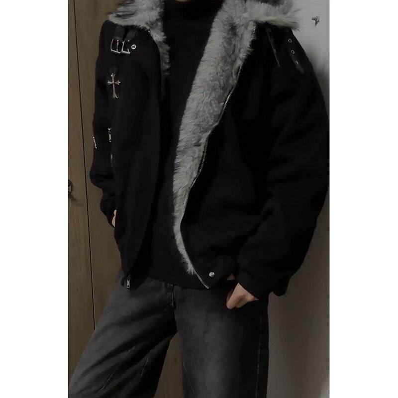 黑色美式高街十字架座山雕外套棉服男款冬季加厚痞帅毛领棉衣夹克