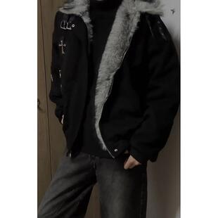 黑色美式高街十字架座山雕外套棉服男款冬季加厚痞帅毛领棉衣夹克