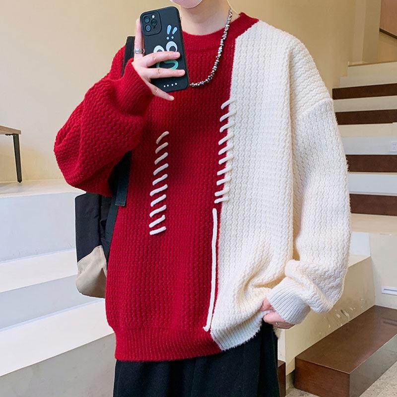 设计感加绒加厚毛衣男款冬季痞帅拼接针织衫男打底衫青少年毛线衣