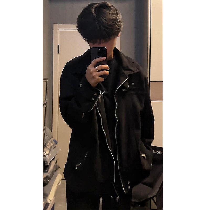 黑色麂皮绒外套男美式拉链解构设计感小众春秋夹克潮牌高级感男装