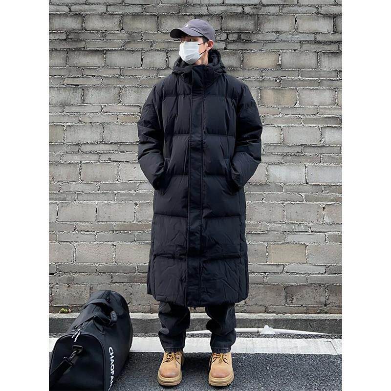 黑色美式连帽中长款羽绒棉服男冬季加厚过膝东北抗寒痞帅大衣外套