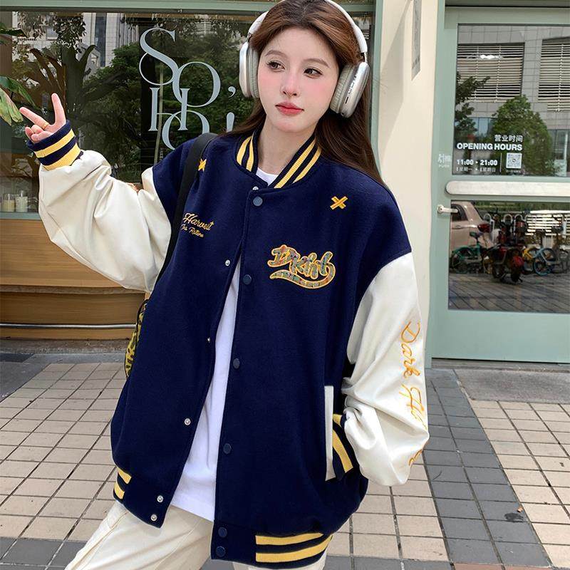 美式复古高街刺绣棒球服男女春秋款初中高中学生宽松撞色夹克外套