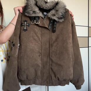 美式覆古毛领十字架座山雕外套棉服男女冬季加绒加厚工装夹克棉袄