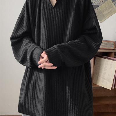 肌理感V领长袖t恤男春秋宽松青少年休闲上衣高级感潮流内搭打底衫