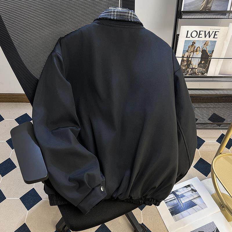 复古格纹拼接假两件棉服外套男女春秋冬季加厚保暖棒球服夹克翻领