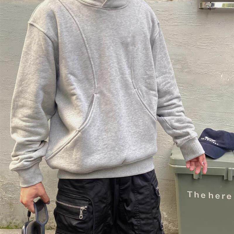 美式复古cleanfit解构拼接纯色连帽卫衣男女高街秋冬潮牌boxy外套