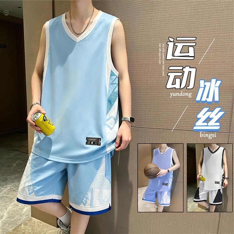 青少年冰丝篮球服套装男夏季速干运动背心短裤两件套中学生训练服